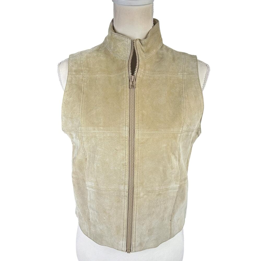 Arizona Jean Co Suede Leather Vest Size M Beige Patchwork Stitching 90s Full Zip